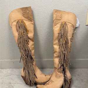 Stylish Tan Over the Knee Fringe Boots